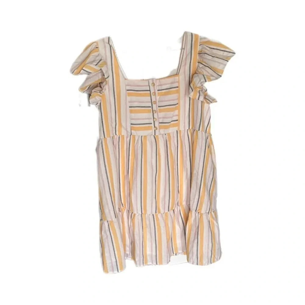 UMGEE Ruffle Sleeve Yellow White Striped Cotton Baby Doll Dress Women’s Large